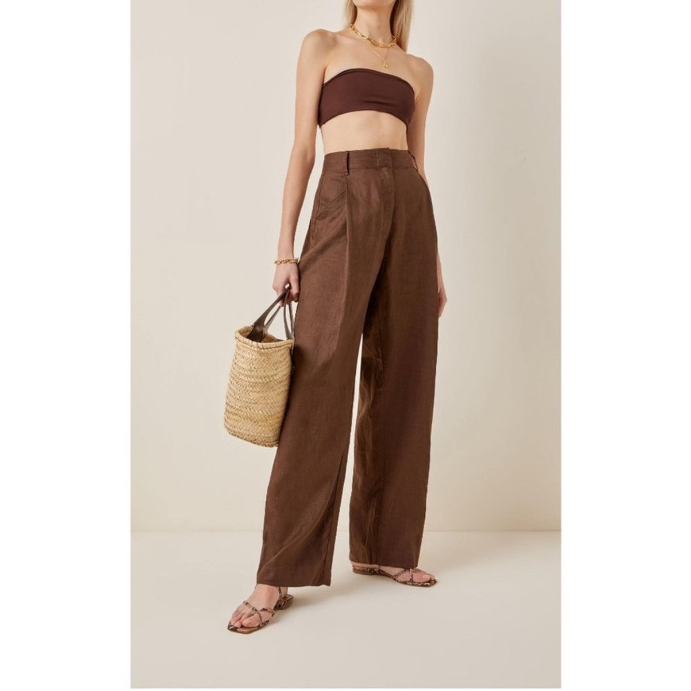 Aexae Espresso Brown Linen Wide Leg High Waisted‎ Pleated Trousers